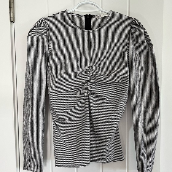 ZARA Black White Striped Poplin Blouse Top Size Small - Picture 2 of 4